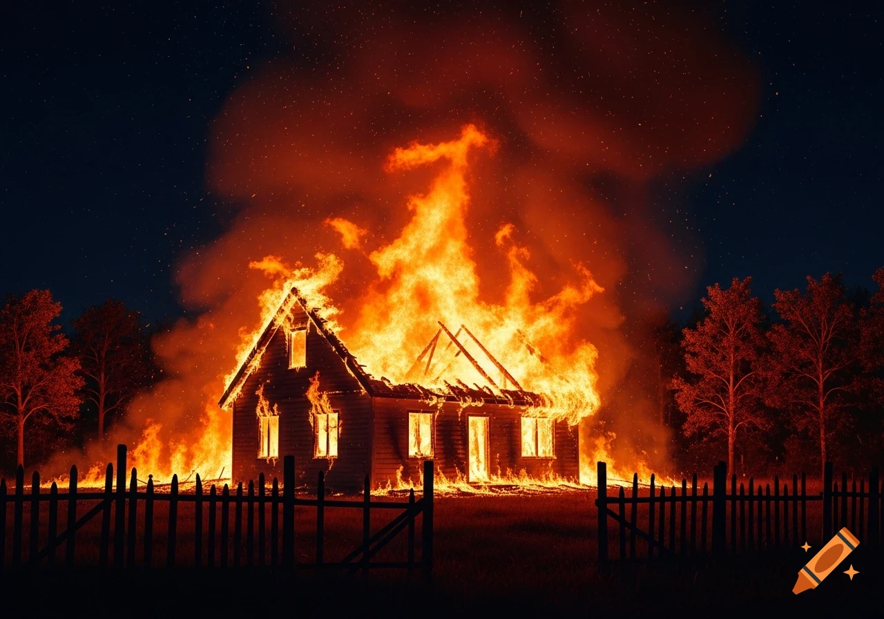 A photorealistic image of a wooden house fully engulfed in bright orange flames at night, with trees and a fence.