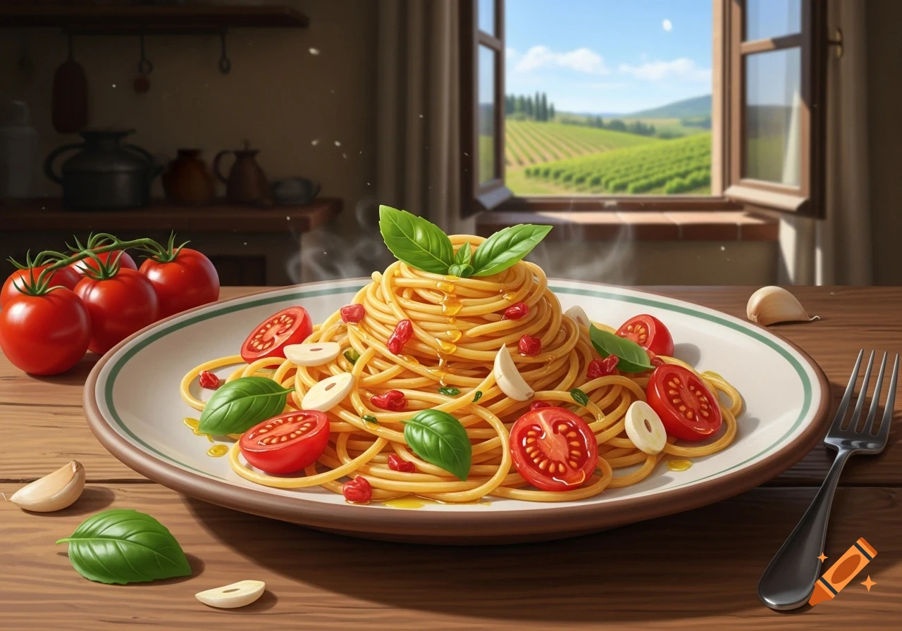A plate of steaming spaghetti with fresh tomatoes, basil, garlic, and chili flakes, on a wooden table overlooking a sunny vineyard.