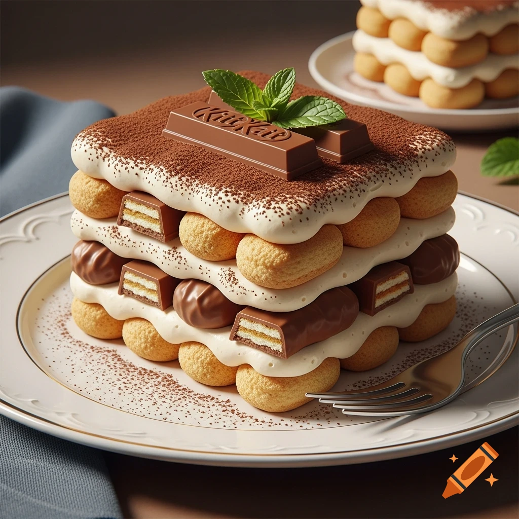 A square, layered dessert resembling tiramisu, with ladyfingers, cream, chocolate, cocoa powder, a Kit Kat bar, and mint leaves on a white plate with a fork.