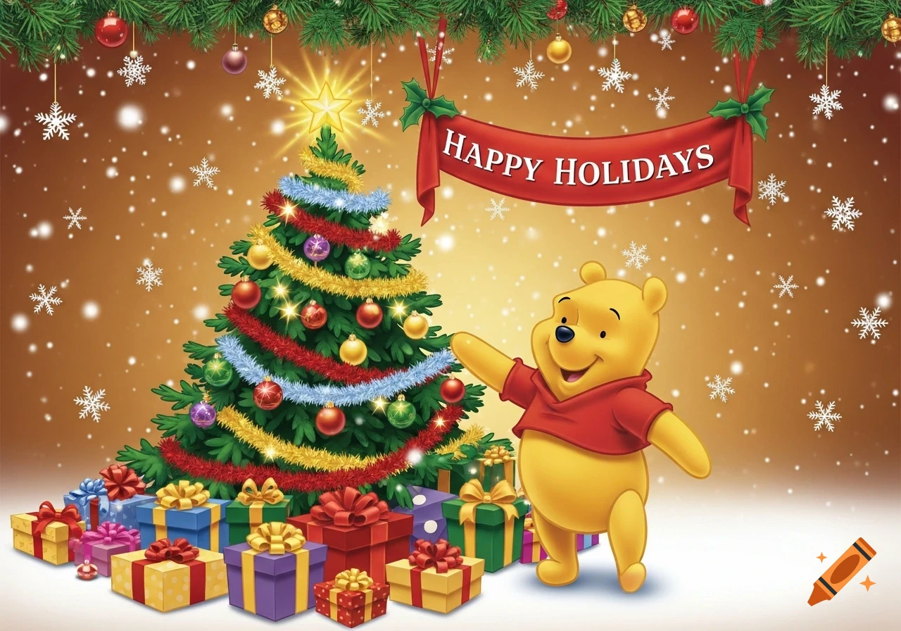 Winnie the Pooh stands next to a decorated Christmas tree and gifts under a "Happy Holidays" banner with falling snow, in a cheerful cartoon style.