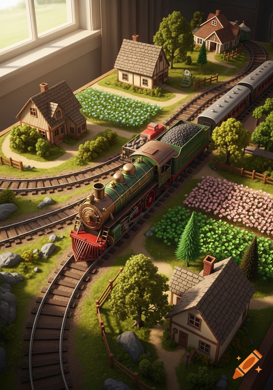 Overhead view of a detailed miniature train set with houses, trees, and flowers on a table, under a sunny window.