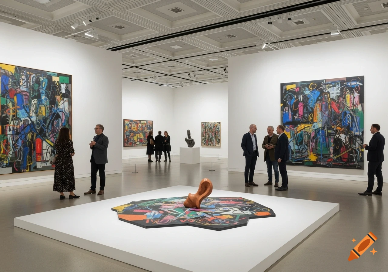 A bright art gallery featuring large abstract paintings and modern sculptures. Visitors observe artwork and converse.
