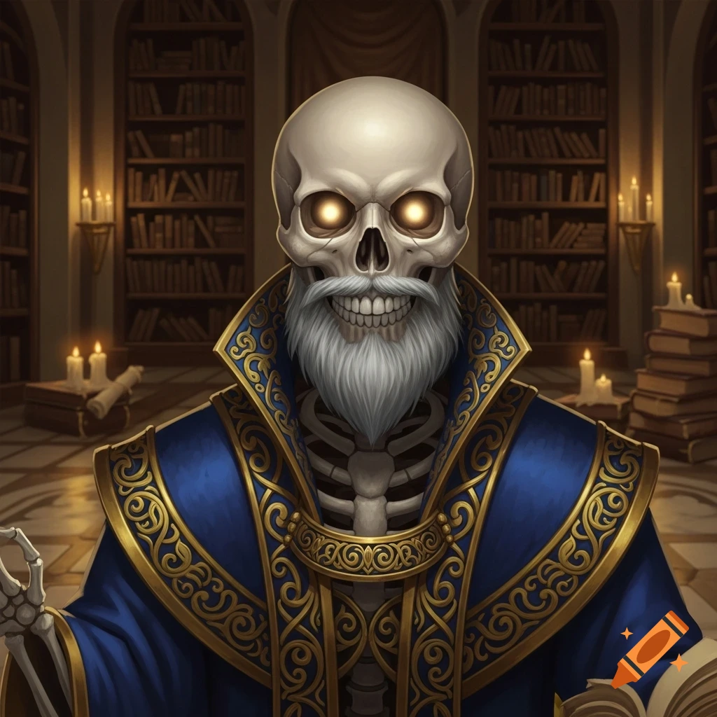 A wise-looking, smiling skeleton with a white beard and glowing eyes, wearing a blue and gold robe, in a candlelit library.