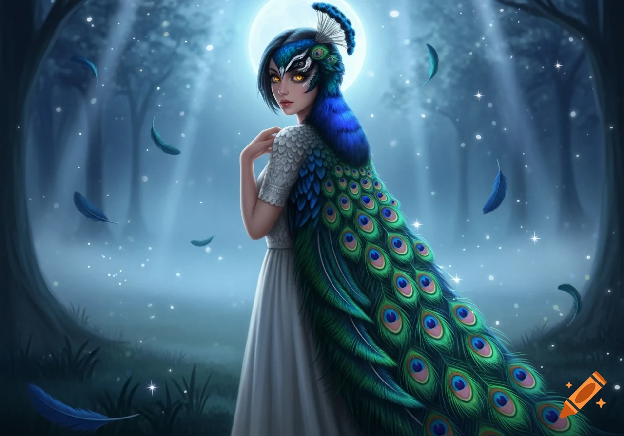 A beautiful fantasy woman with vibrant blue and green peacock feathers forming her hair and a flowing train, standing in a moonlit forest. Her eyes glow amber.