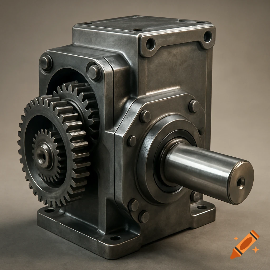 A photorealistic close-up of a metallic vertical right-angle gearbox with an exposed gear and a protruding shaft.