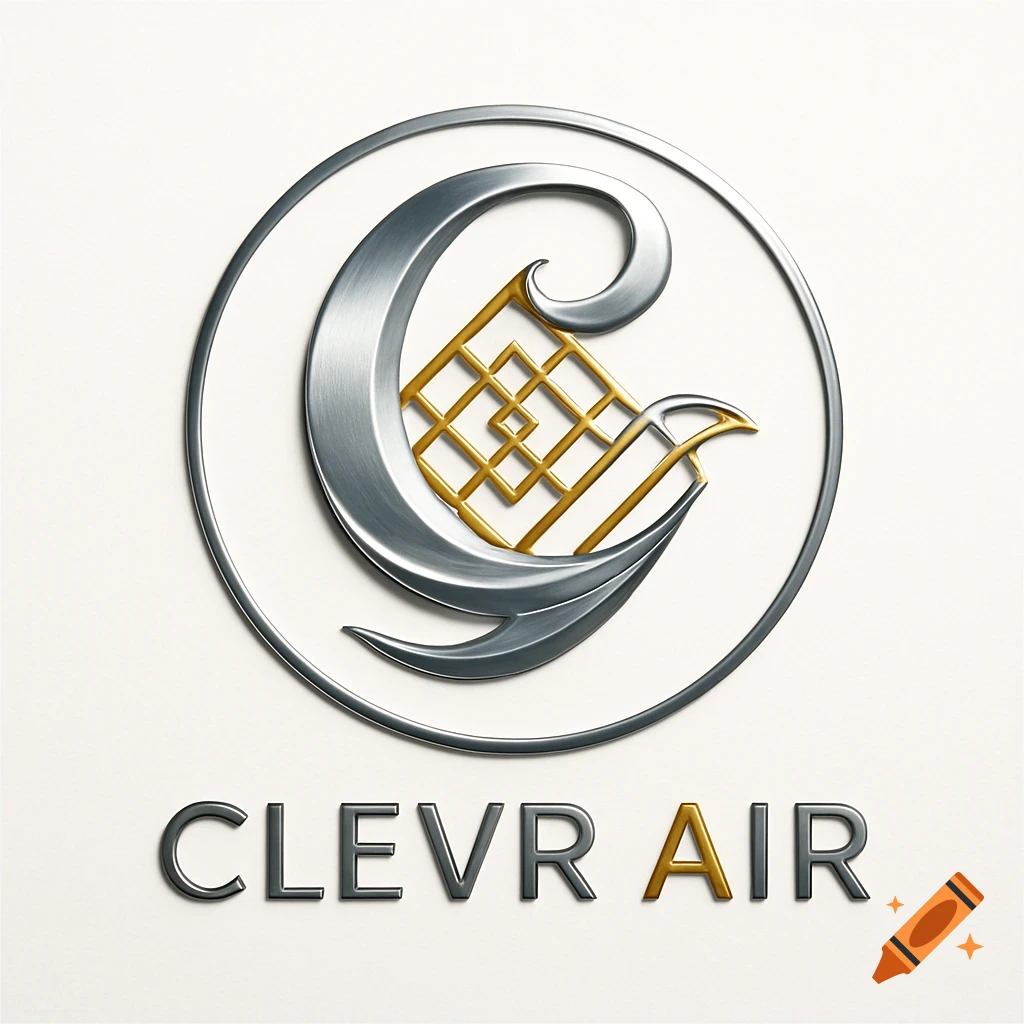 Modern, luxurious logo with a metallic silver stylized 'G' and gold grid, featuring 'CLEVR AIR' text.