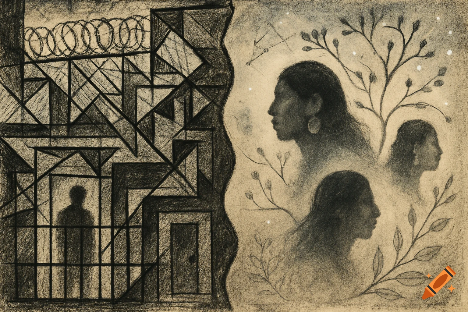 Charcoal drawing contrasting a geometric cage with barbed wire and a silhouette on the left, with blurred profiles of women, plants, and stars on the right.