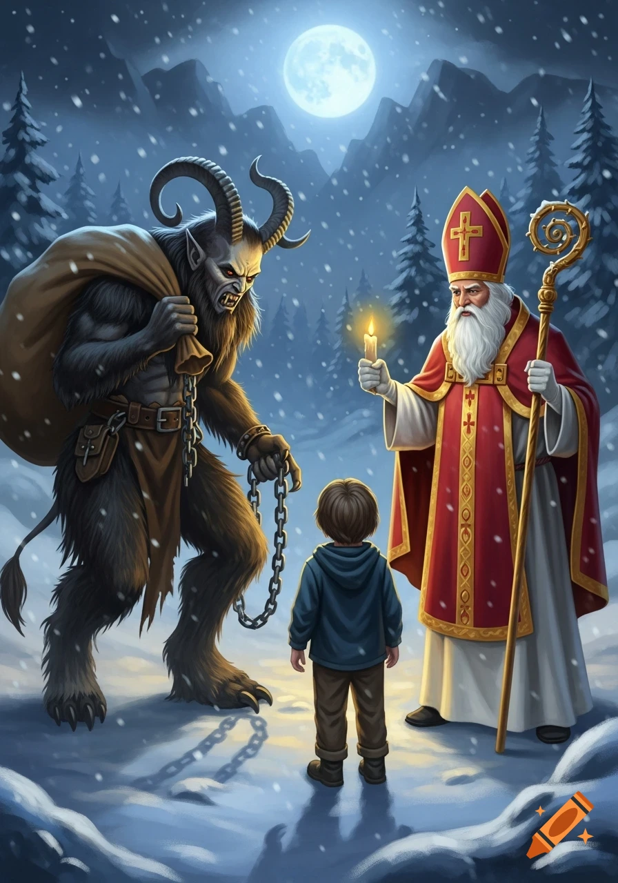 Krampus and Saint Nicholas stand on either side of a child in a snowy, moonlit winter forest, illustrating a folklore scene.