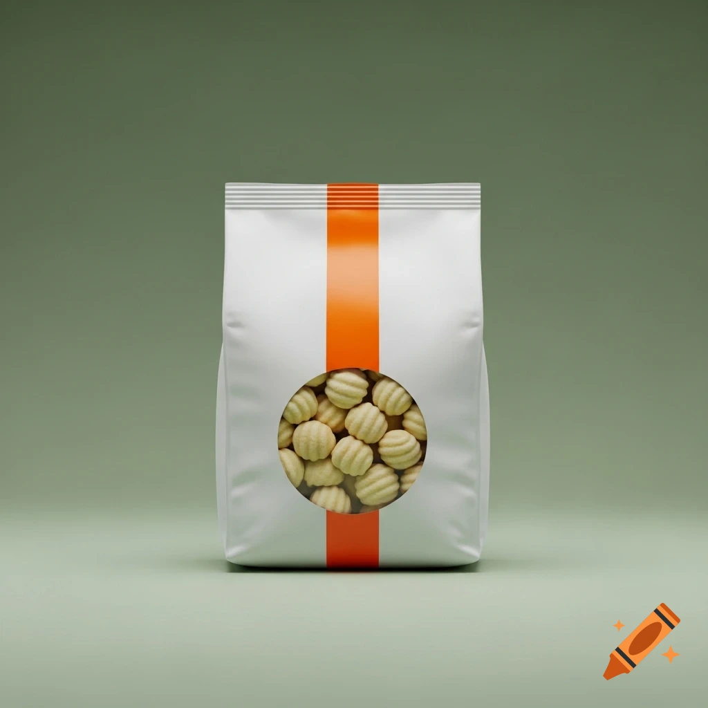 A white package of gnocchi with a vertical orange stripe and a round window showing the gnocchi, on a green background.