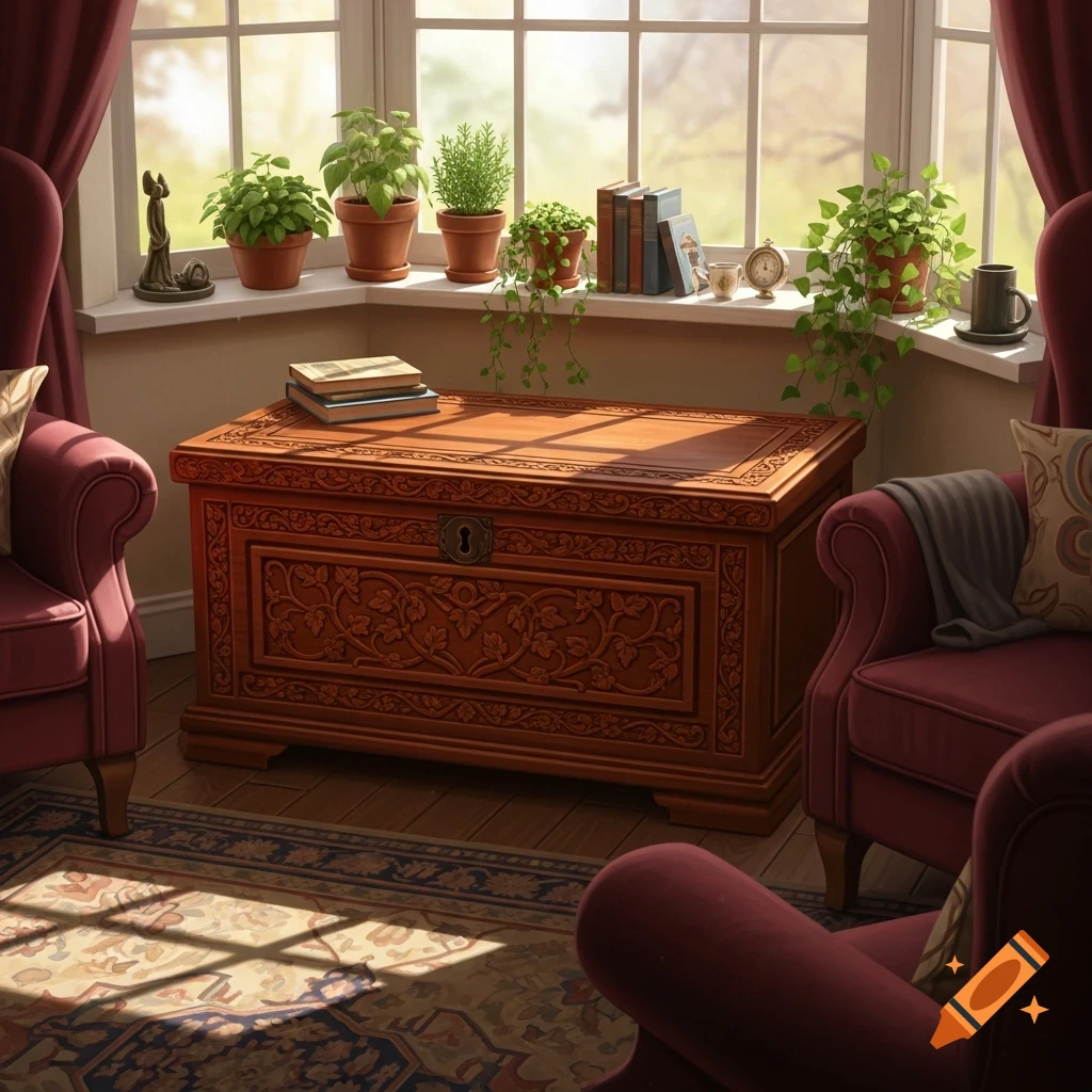 A sunlit room with a carved wooden chest, red armchairs, and a bay window featuring potted plants and books.