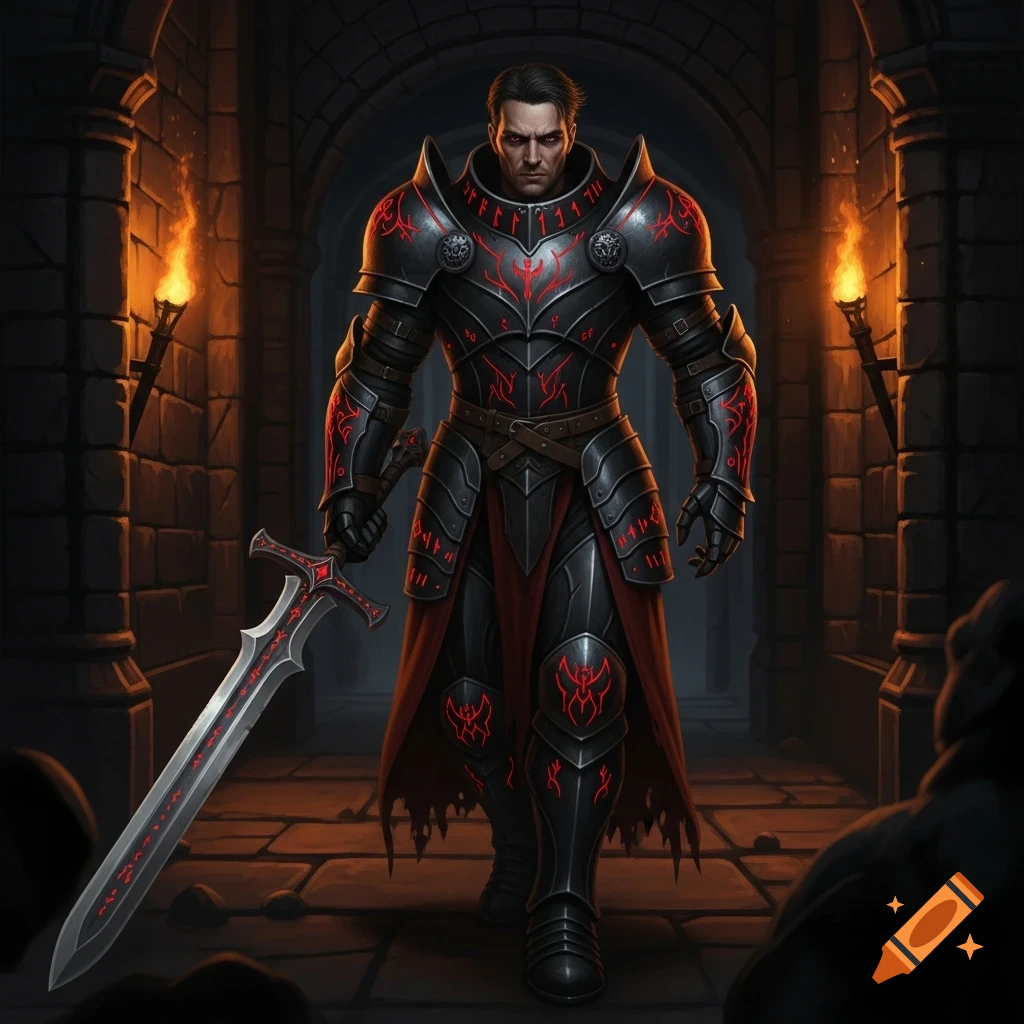 A stoic human fighter in ornate black and red armor with a longsword stands in a torch-lit stone dungeon.