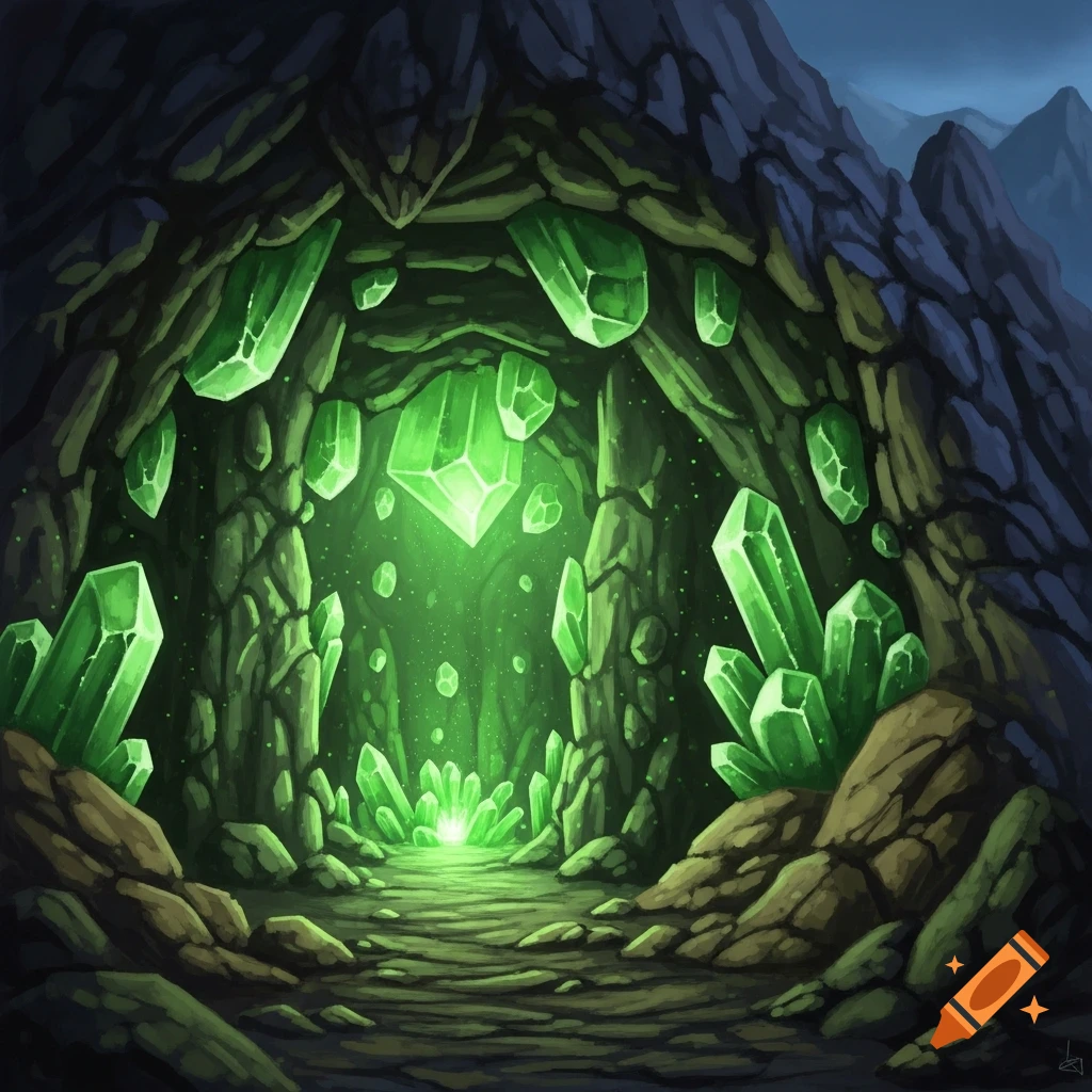 A dark, fantastical cave illuminated by numerous glowing green crystals, with a path winding further inside.