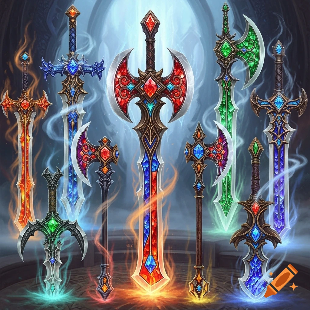 A collection of ornate fantasy swords and axes, built from melted gemstones and glowing with colorful magical mist.