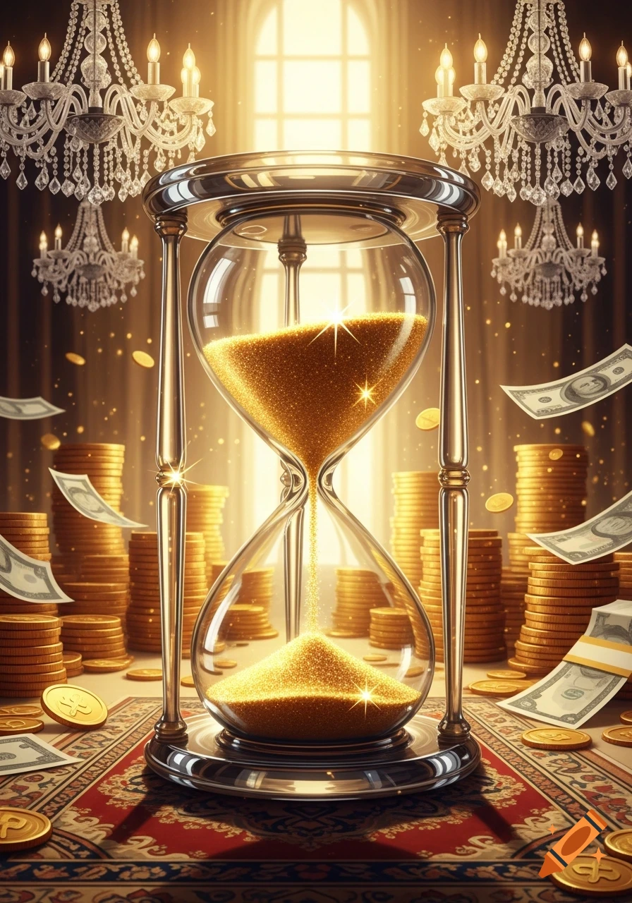 A stylized image of a large hourglass with golden sand, surrounded by stacks of gold coins and floating banknotes in a luxurious, dimly lit room with chandeliers.