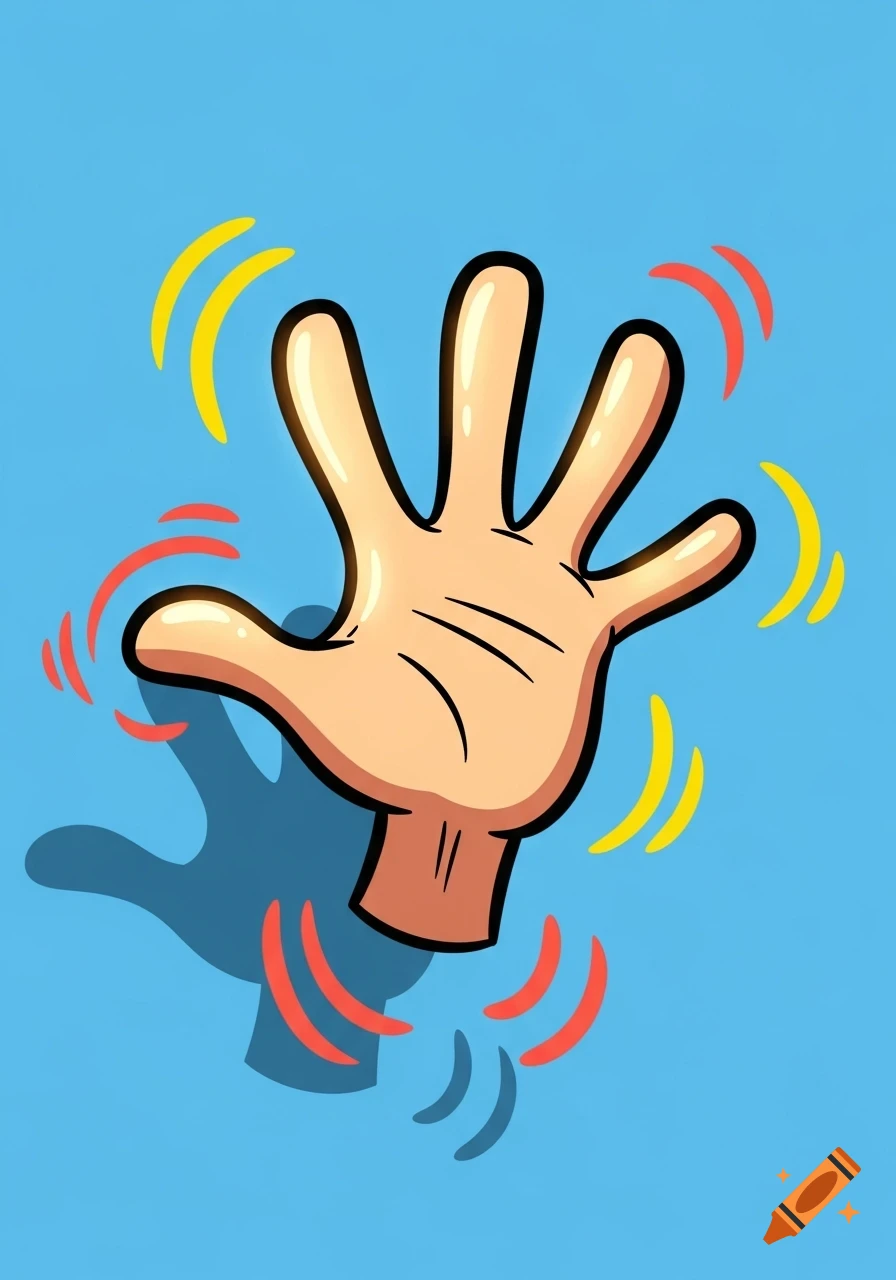 A stylized cartoon hand with five fingers waving, surrounded by red and yellow wavy lines indicating motion, against a bright blue background.