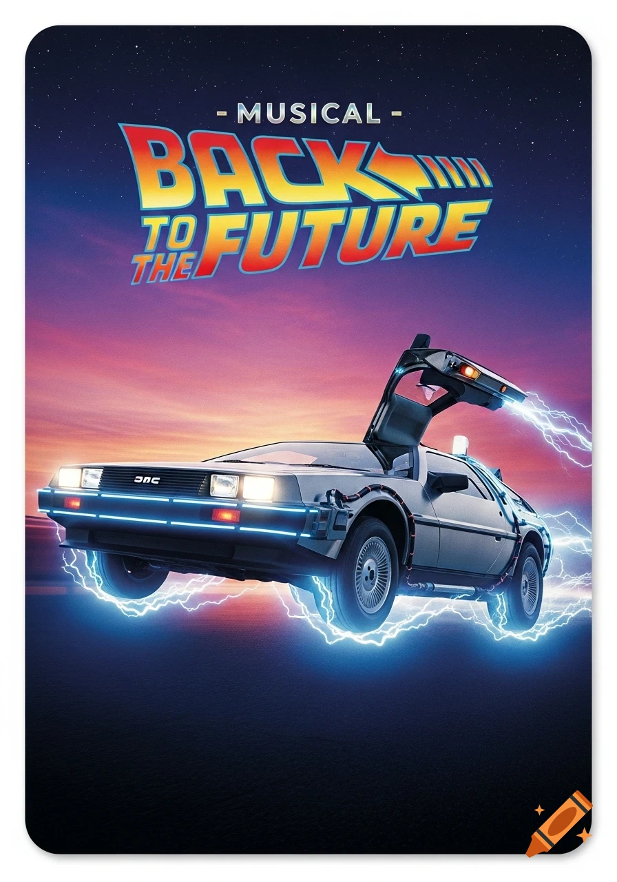 Back to the Future The Musical poster featuring a glowing DeLorean car surrounded by blue lightning against a starry, sunset sky.