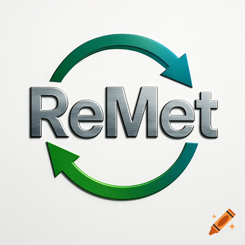 Logo with metallic 'ReMet' text and green and blue curved arrows representing recycling.