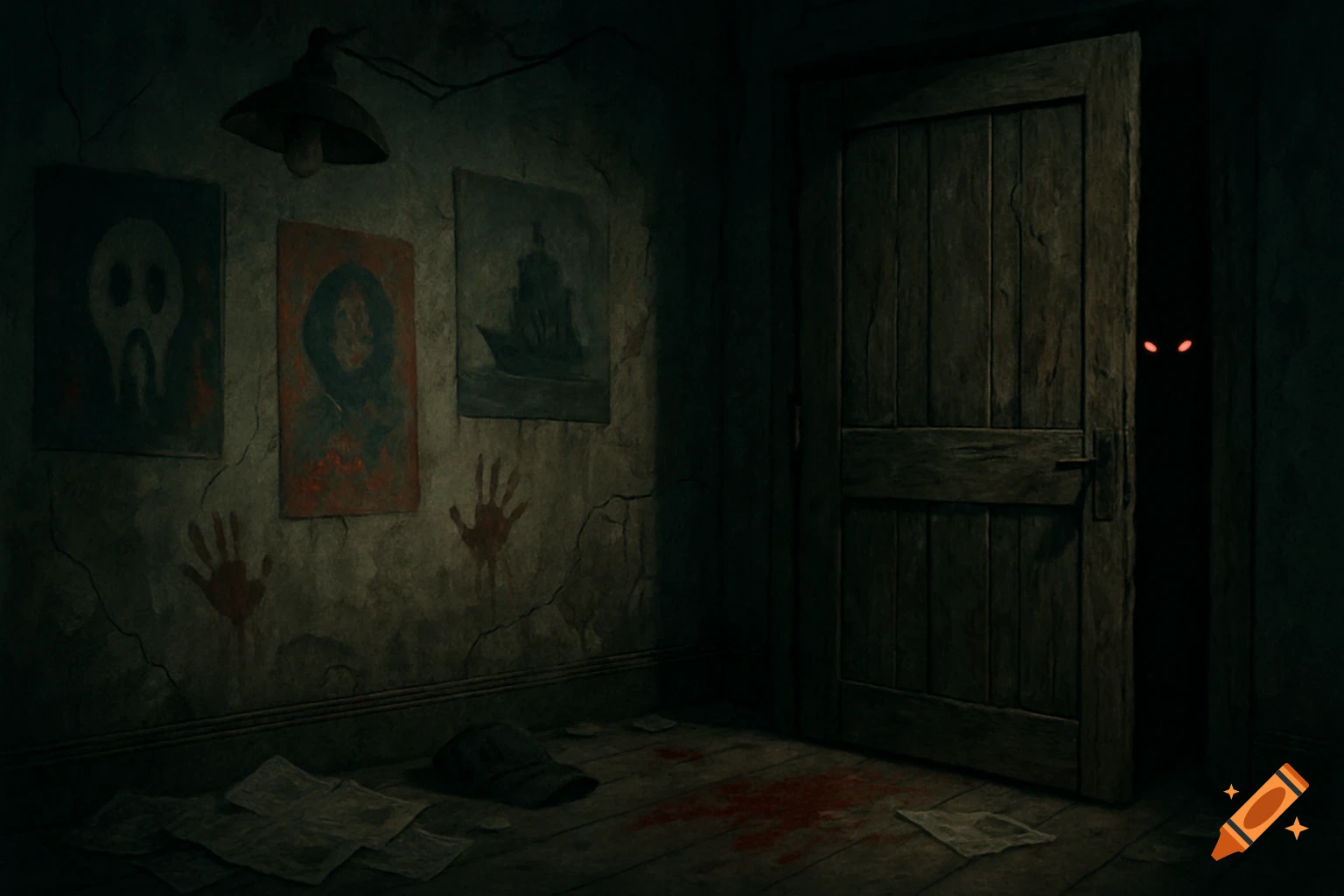 A dark, dilapidated room with bloodstains, red handprints on a cracked wall, and glowing red eyes peeking from behind an open wooden door.
