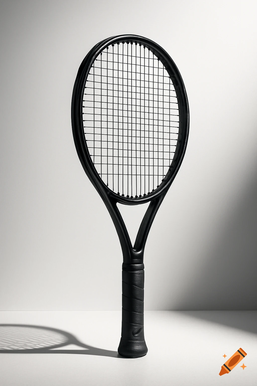 A black Nike tennis racket stands upright on a white surface with shadows.