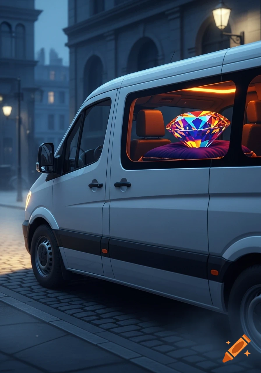 A white van with a large, glowing, rainbow-colored gem visible through its window, parked on a cobblestone street at night.