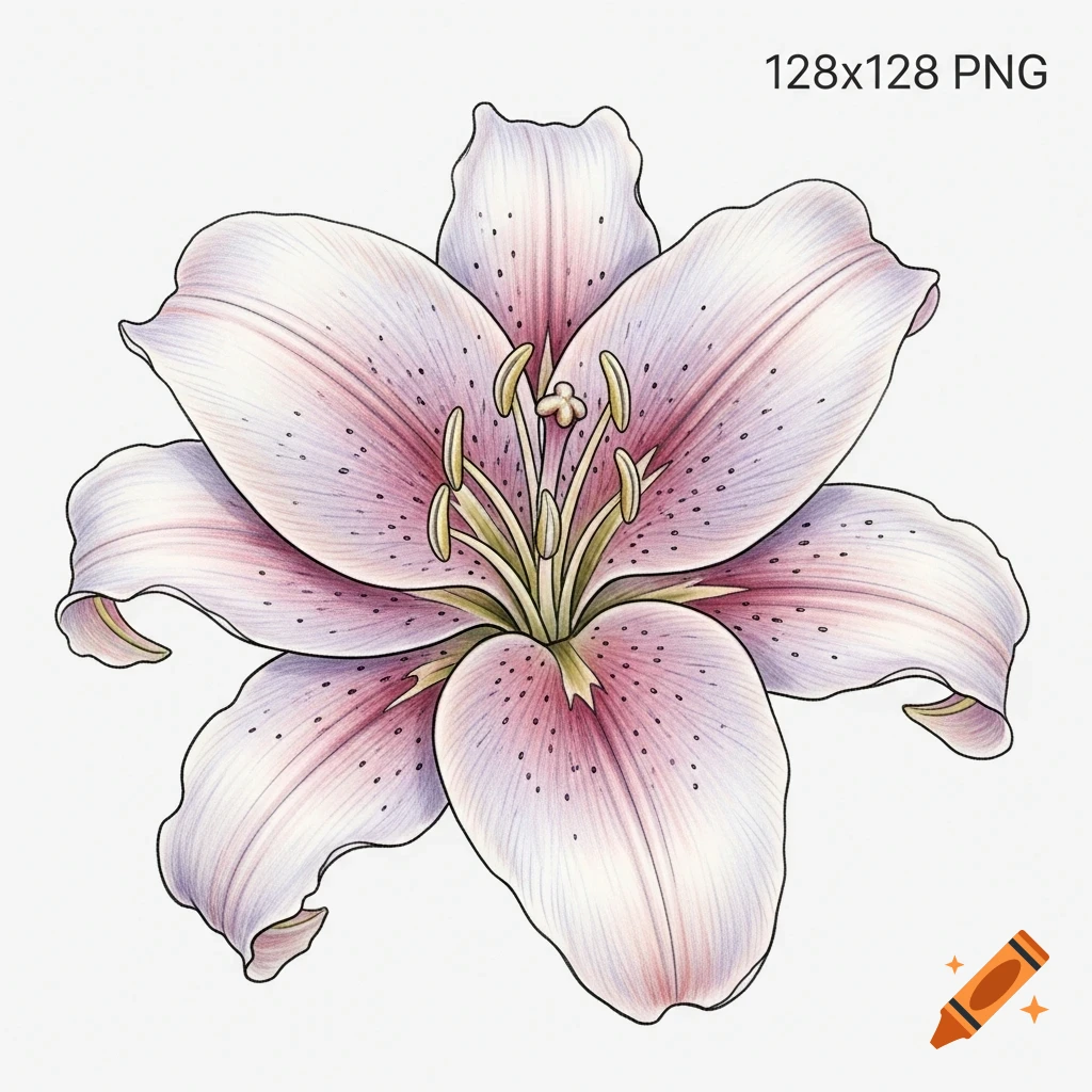 Illustration of a pink and white lily flower with prominent yellow stamens on a white background, in a drawn style.