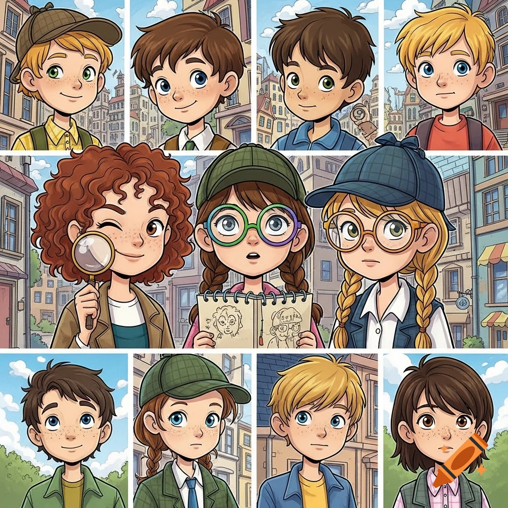 Ten cartoon portraits of diverse children, some wearing detective hats, set against a city street backdrop.
