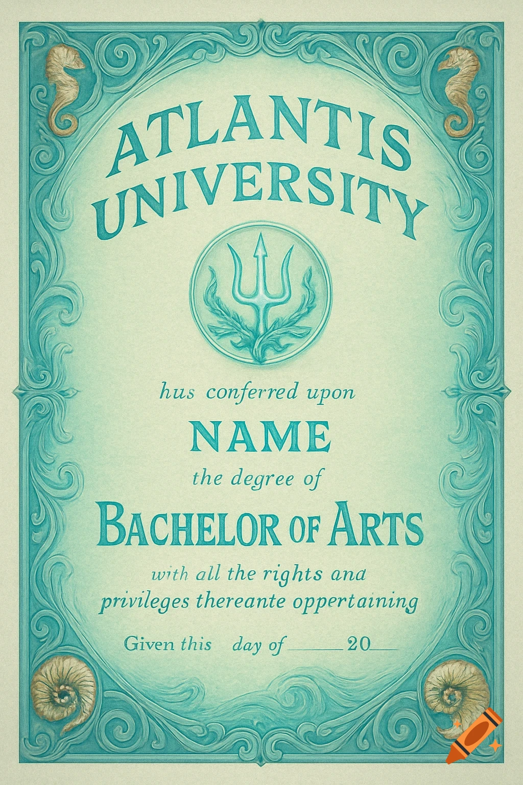 An ornate turquoise and gold degree certificate from Atlantis University, with ocean-themed borders, a trident emblem, and text.