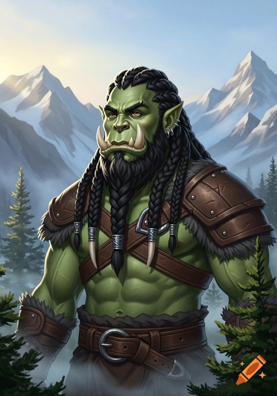 Green-skinned orc with braided black hair and beard, tusks, and leather armor, standing in a misty mountain forest with snowy peaks.