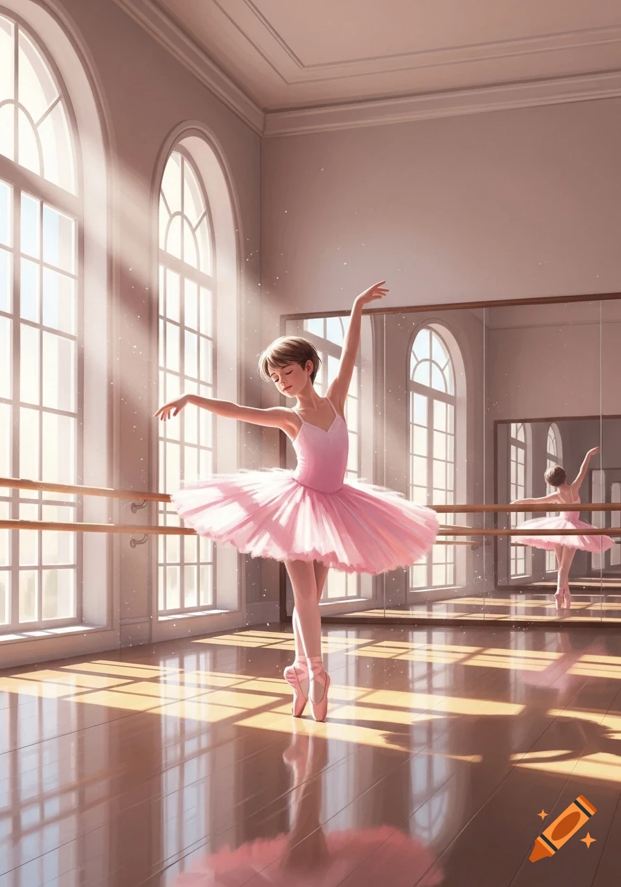 An illustration of a boy in a pink ballet tutu and pointe shoes, posing in a sunny studio with arched windows and a mirror.