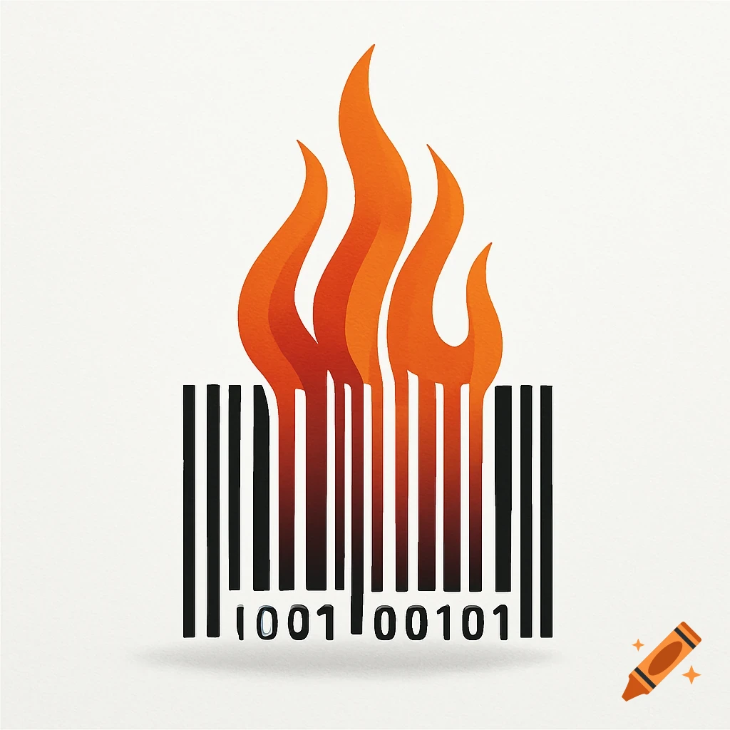 Stylized barcode with black lines transforming into orange and red flames on a white background, featuring numbers.