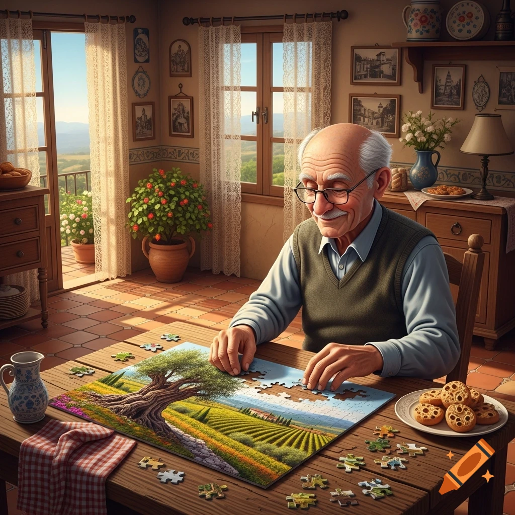 Elderly man smiles while assembling a jigsaw puzzle of vineyards in a sunlit, rustic Italian room.