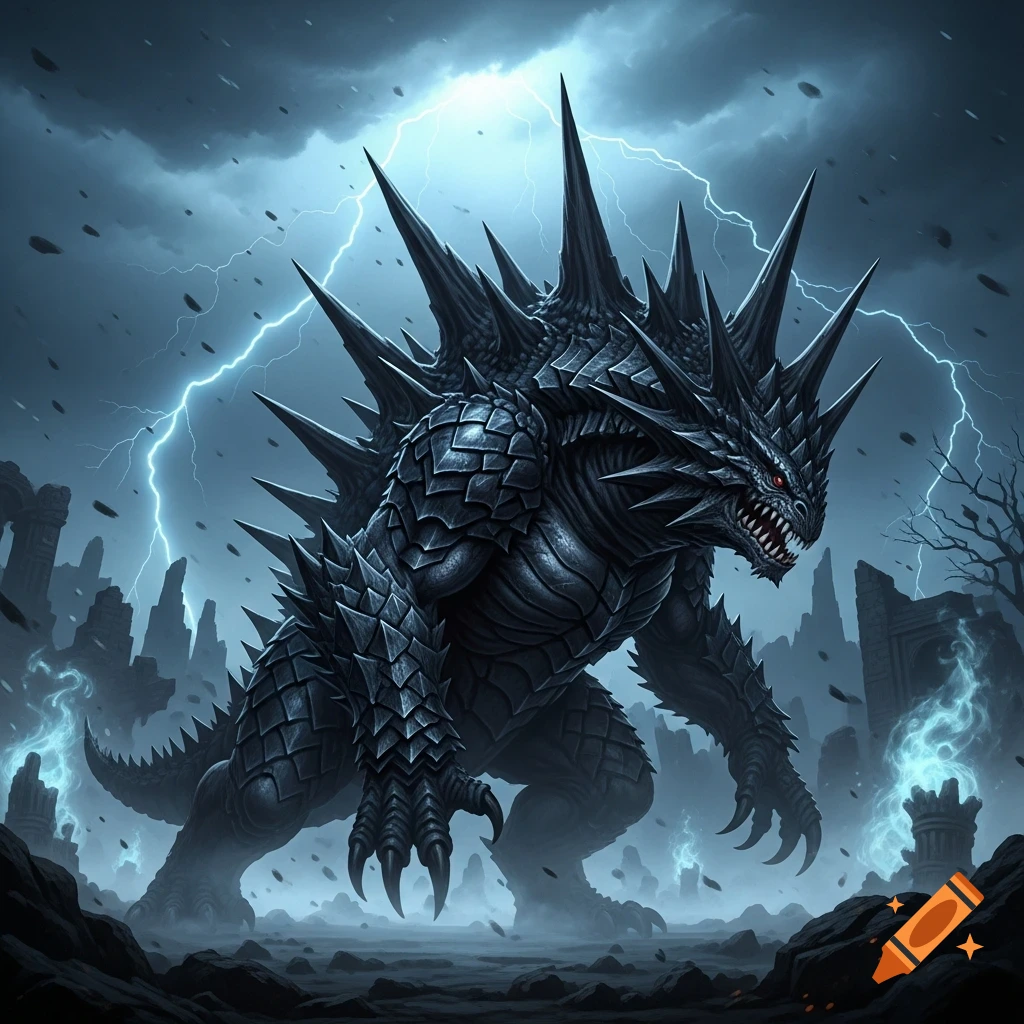 Specticle Monster A large, dark, spiky monster with red eyes stands in a ruined landscape ...