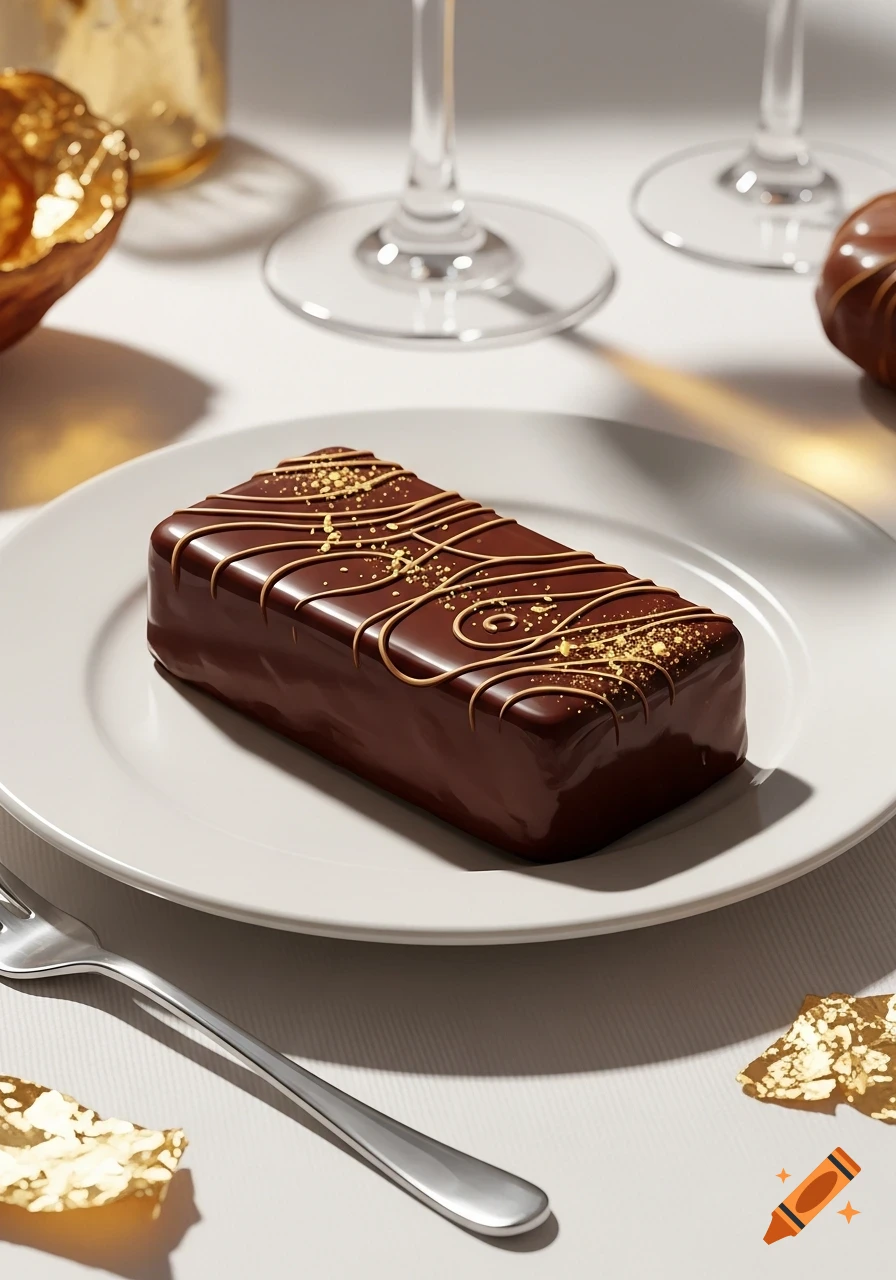 A photorealistic chocolate bar with caramel drizzle and gold flakes on a white plate, with a fork and wine glasses in the background.