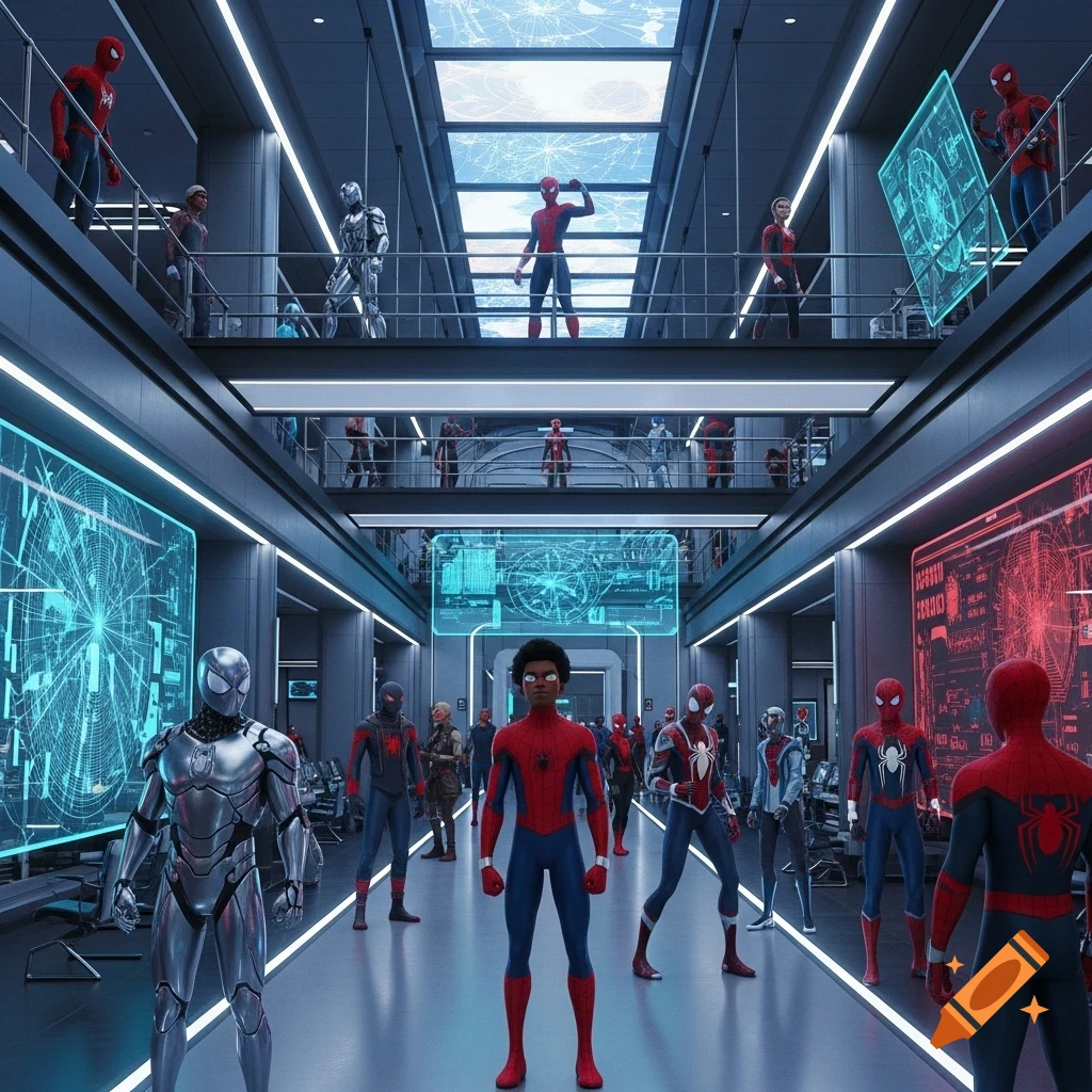 Miles Morales stands amidst a diverse group of Spider-People in a futuristic, multi-level headquarters with glowing blue and red tech screens.
