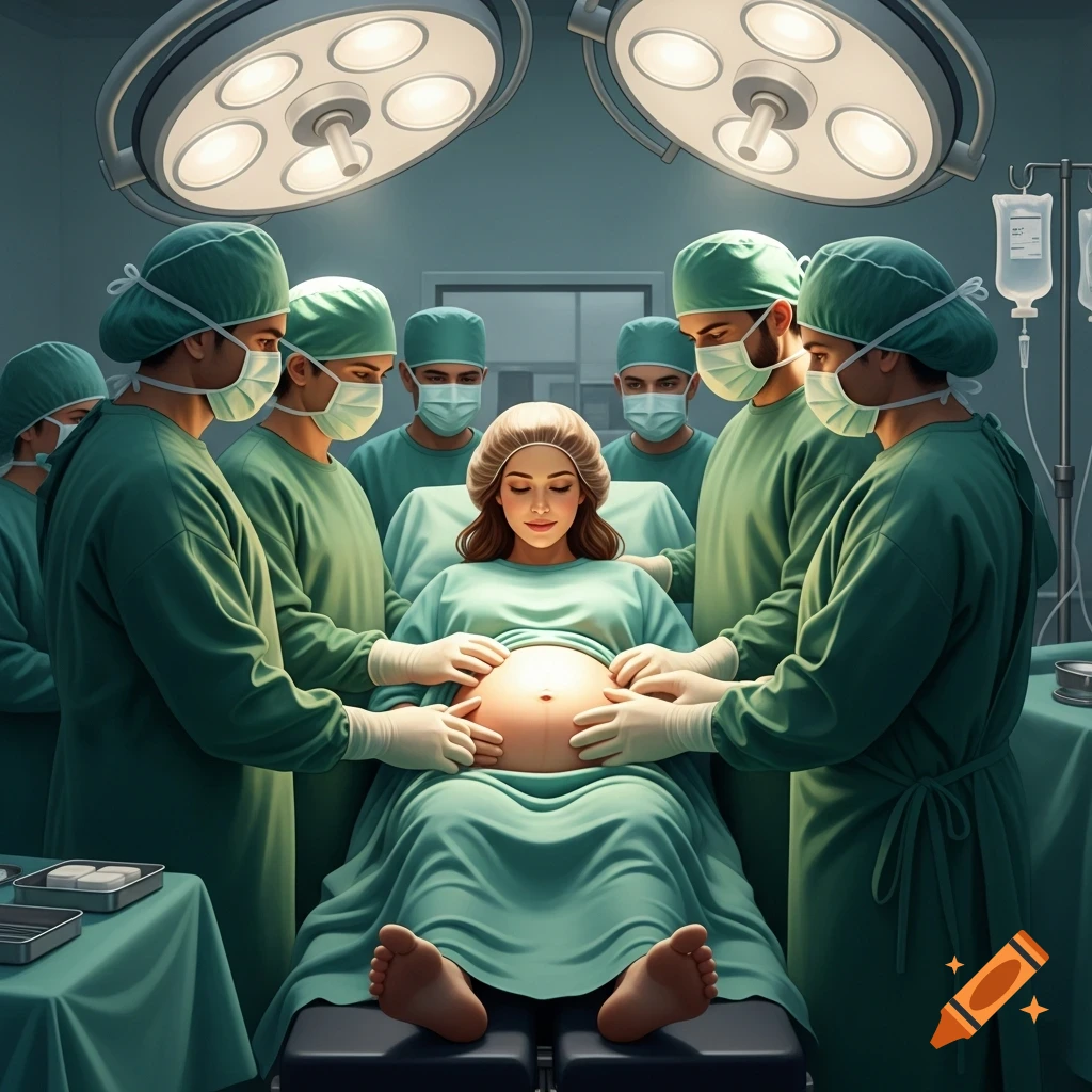 A pregnant woman on an operating table surrounded by doctors in an operating room under bright lights.