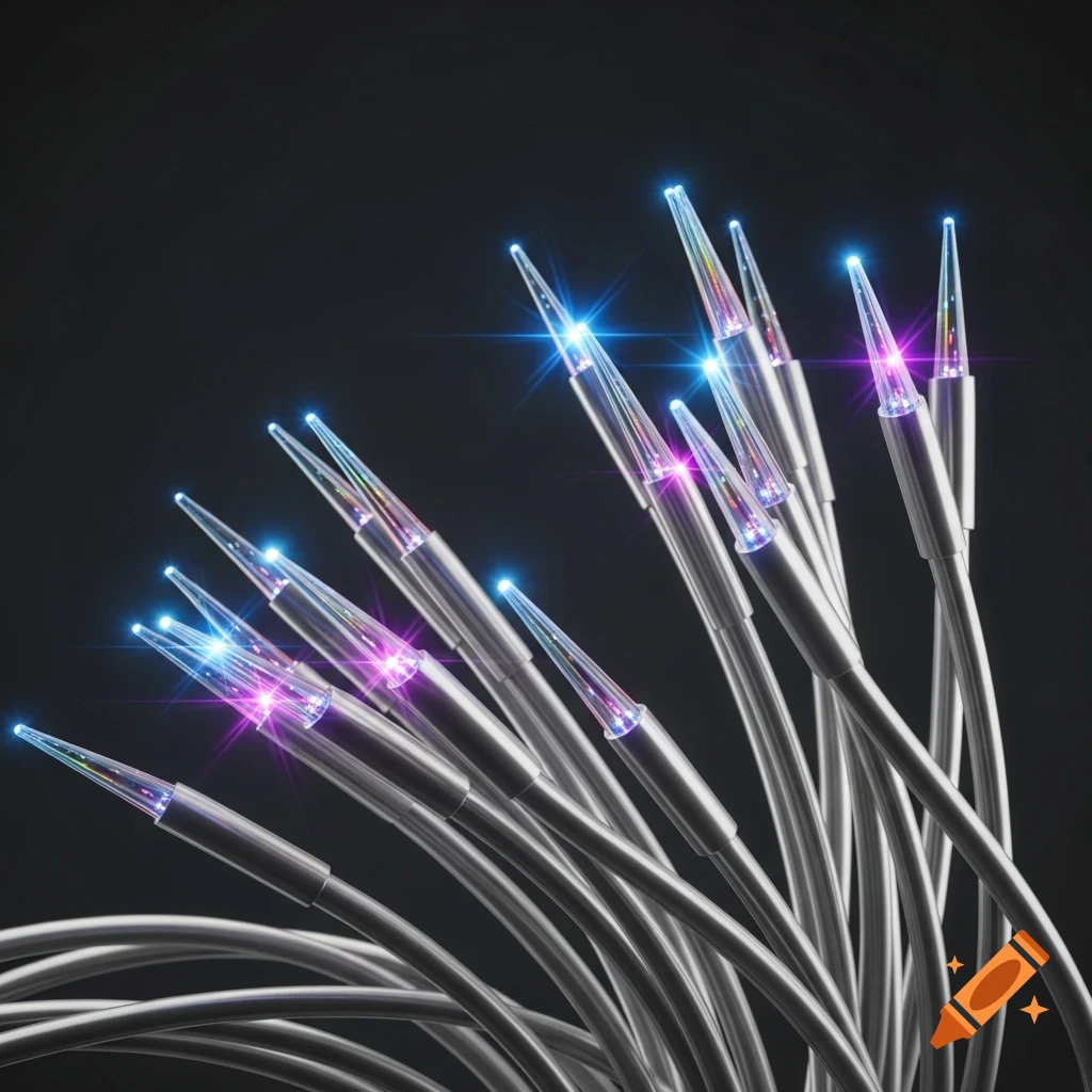 A cluster of futuristic fiber optic cables with glowing blue and purple tips against a dark background.