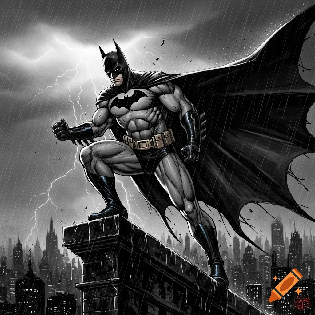 Batman stands in a dynamic pose on a rainy rooftop with lightning in a ...