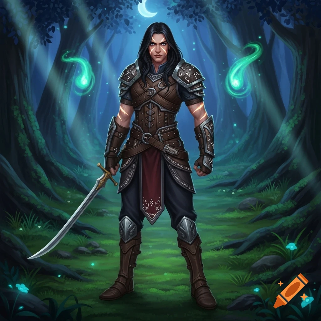 A dark-haired human fantasy fighter in ornate leather and metal armor holds a sword in a magical moonlit forest.