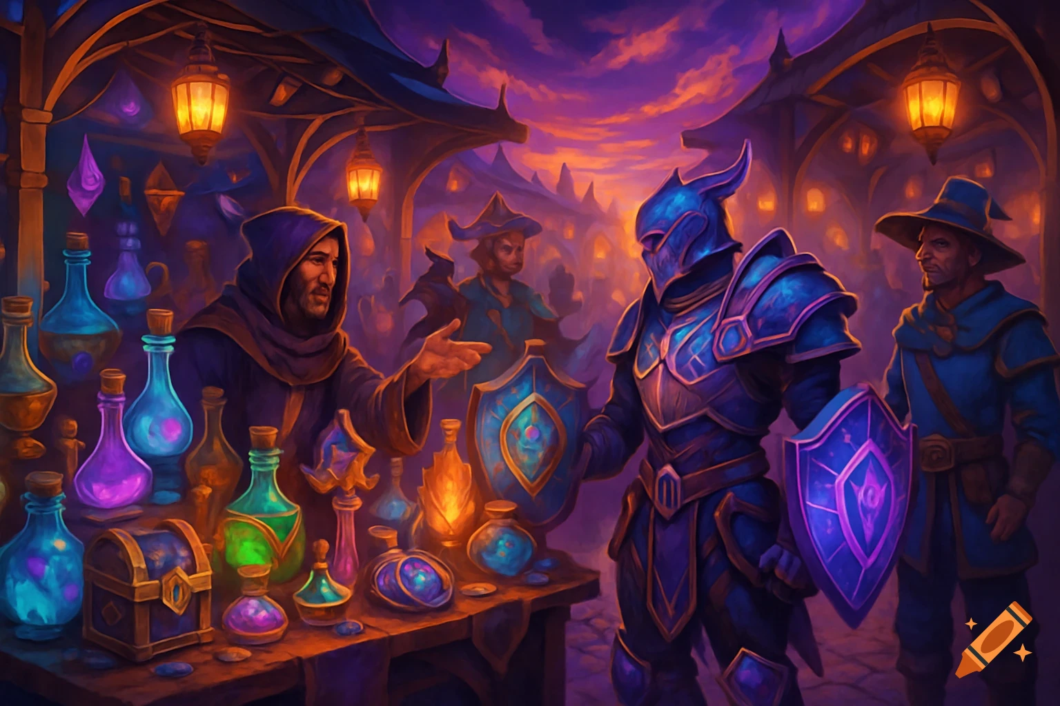 A fantasy market scene at dusk with a hooded merchant selling glowing potions to an armored knight.
