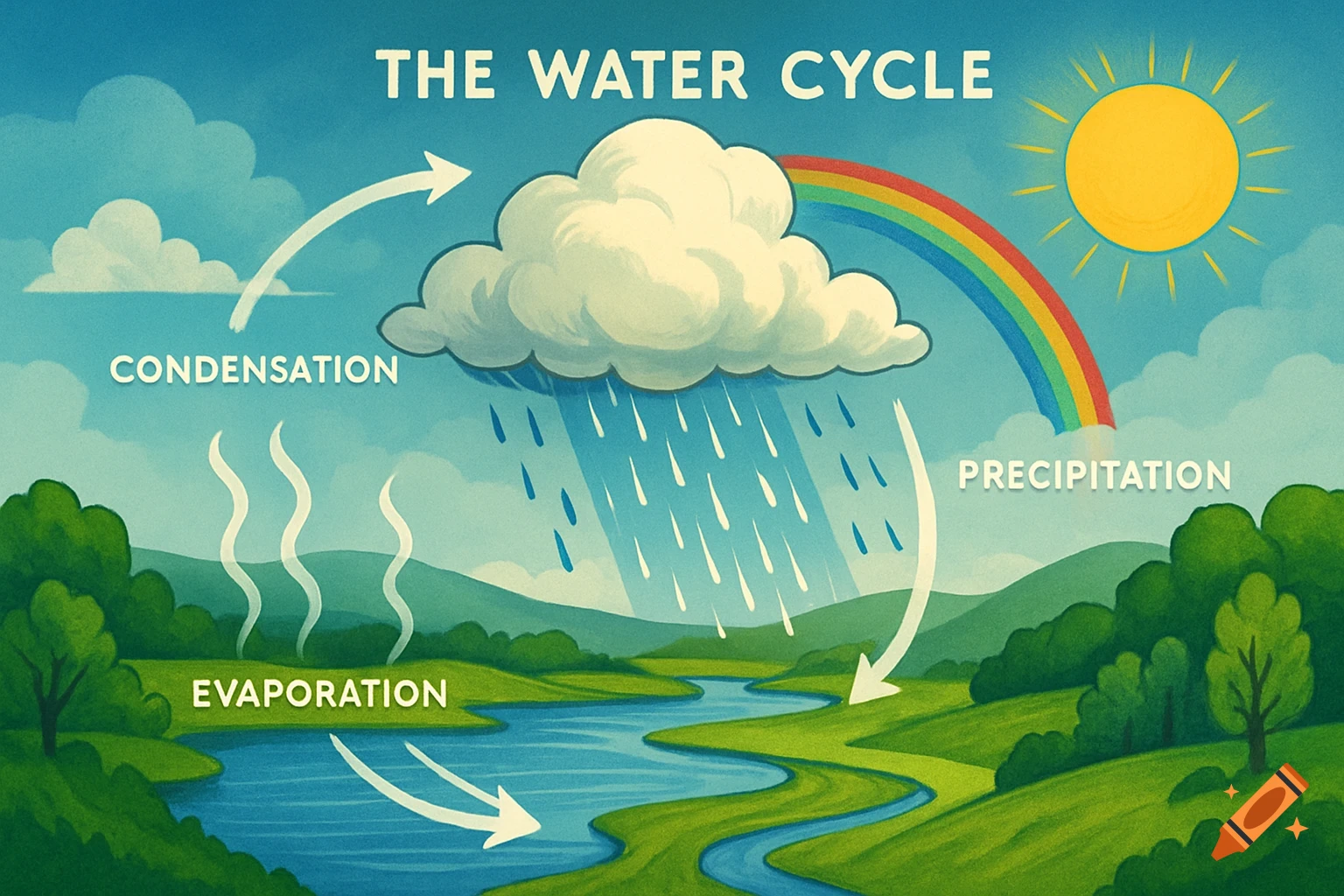 An illustrated diagram of the water cycle, showing evaporation from a river, condensation in a cloud, and precipitation as rain, with a sun and rainbow.