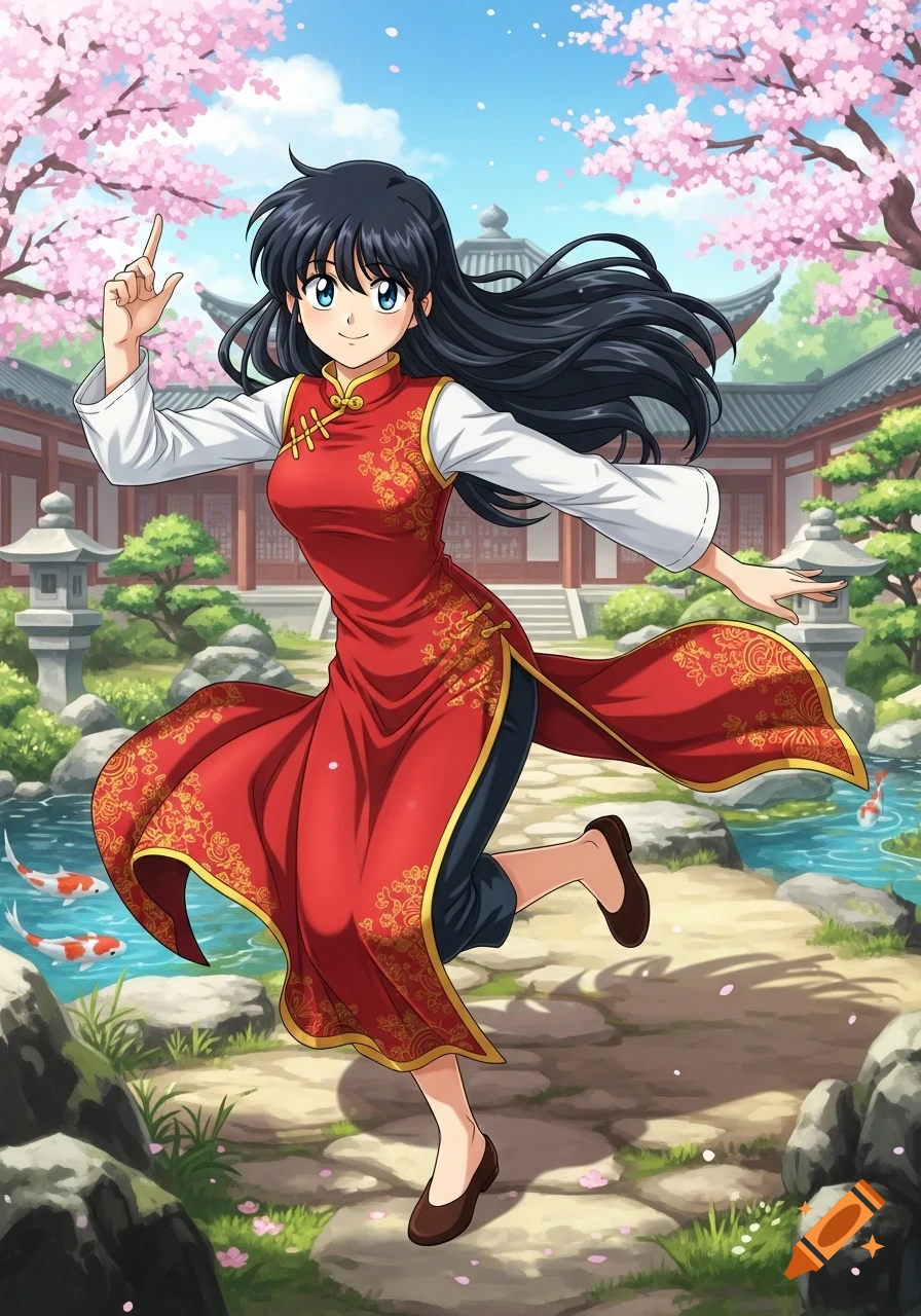 An anime girl with dark hair in a red traditional Chinese dress runs through a cherry blossom garden with a koi pond.