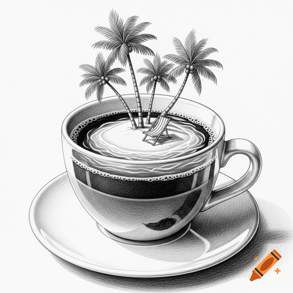 Pencil drawing of a tropical island with palm trees and a deckchair floating in a coffee cup.