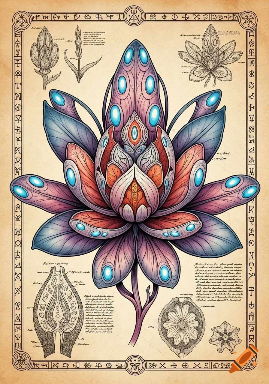 An otherworldly botanical illustration of an intricate, glowing alien flower with blue and red petals on old parchment, surrounded by pseudo-text and symbols.
