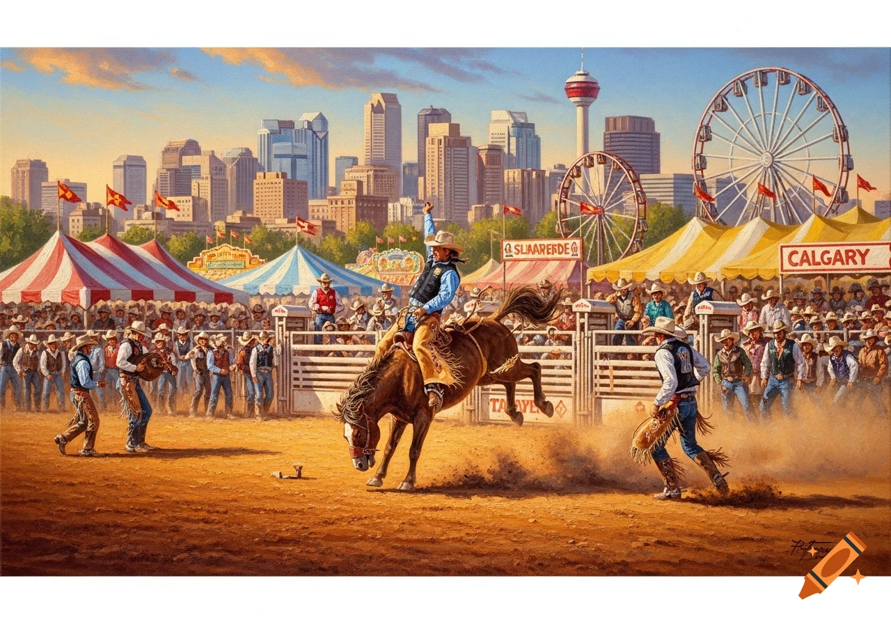 A realism painting of a bronc rider at a rodeo event with a city skyline and carnival rides in the background.