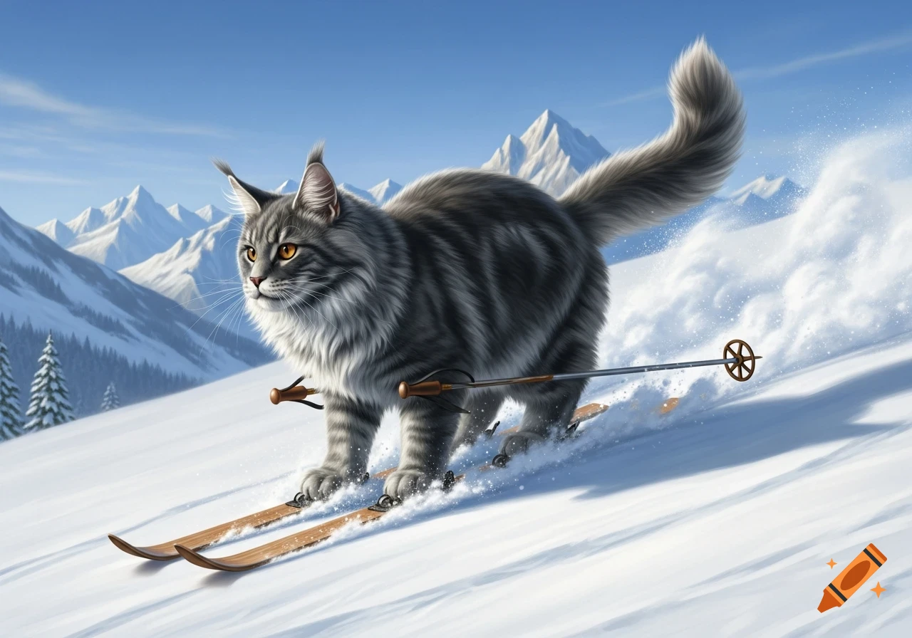 A majestic grey Maine Coon cat skis down a snowy mountain slope, with ski poles, under a clear blue sky with white peaks.