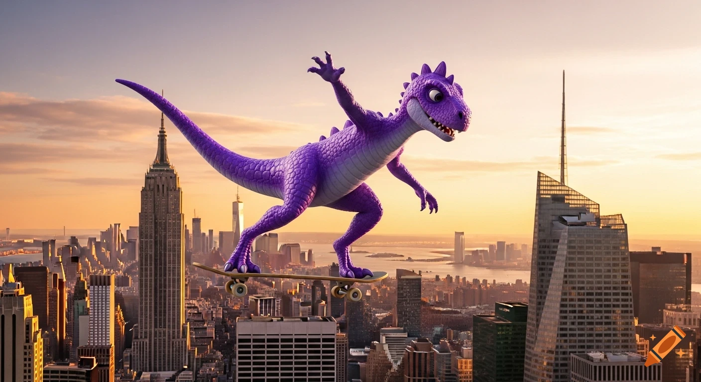 A vibrant purple dinosaur rides a skateboard mid-air over the New York City skyline at sunset in a cartoonish, realistic style.