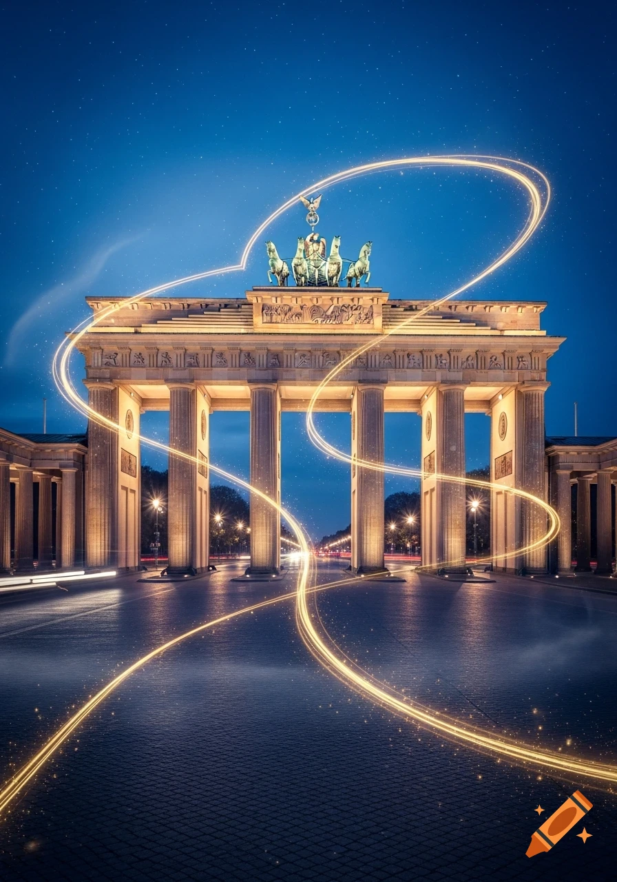 A long exposure night shot of the illuminated Brandenburg Gate with bright light trails crossing in front under a starry sky.