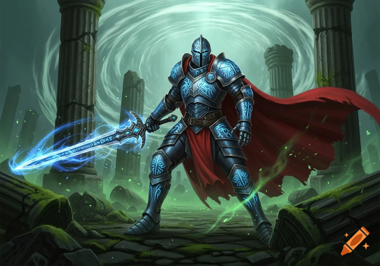 Armored knight with a glowing blue runic sword stands amidst ancient ruins under a swirling green sky.