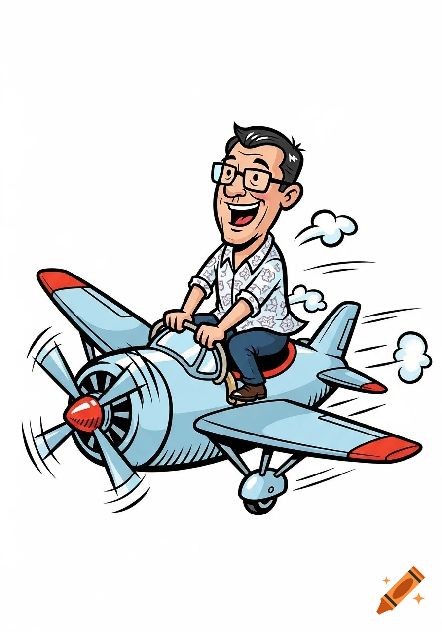 Cheerful cartoon man with glasses riding a light blue airplane like a horse, in a comic book style.