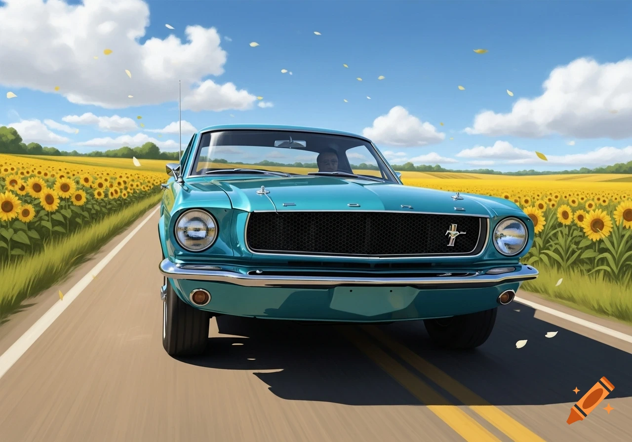 A teal classic Ford Mustang drives down a road flanked by vibrant sunflower fields under a blue sky with white clouds.